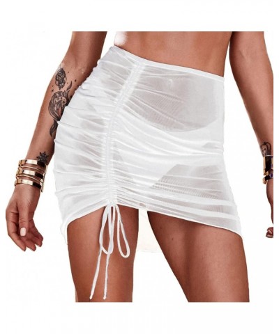 Women Beach Wrap Short Sarong Cover Up Chiffon Swimsuit Solid Wrap Skirts Drawstring Ruched White $11.39 Swimsuits