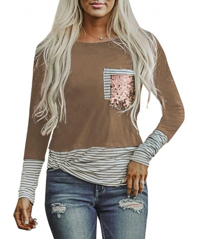 Women's Fashion Printed Color Block Long Sleeve Tops Patch Pocket Tunic Shirt S-2XL A2 Khaki $19.71 Tops