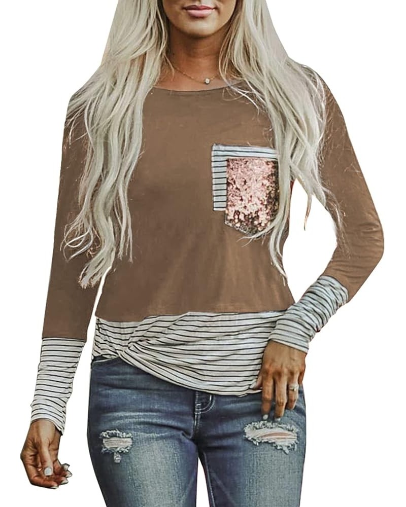 Women's Fashion Printed Color Block Long Sleeve Tops Patch Pocket Tunic Shirt S-2XL A2 Khaki $19.71 Tops