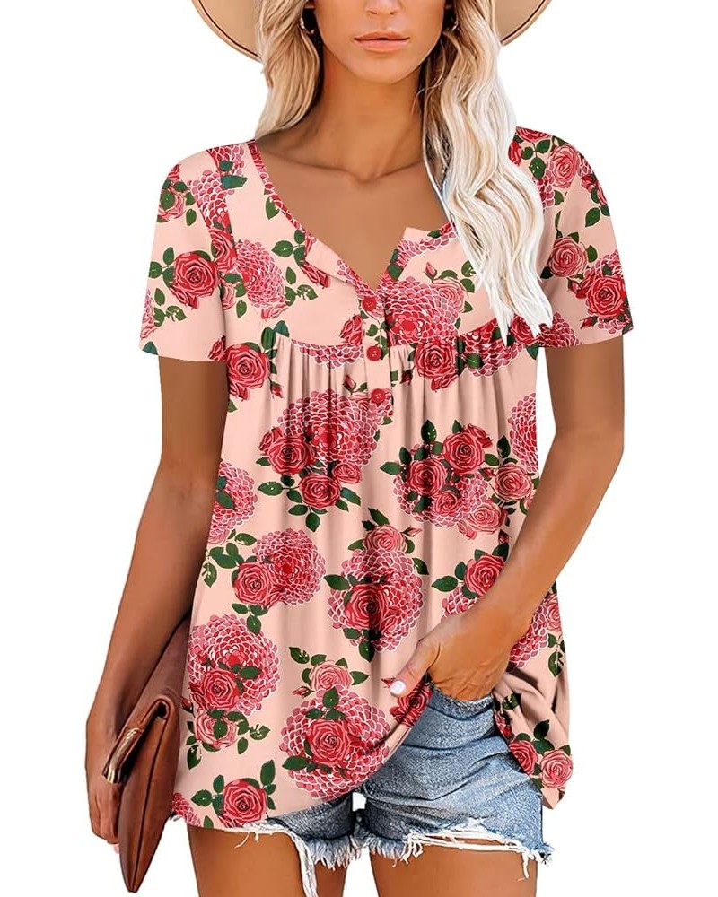 Womens Henley V Neck Casual Blouse Button Down T Shirts Flare and Flowy Tops 1-redd $12.74 Tops