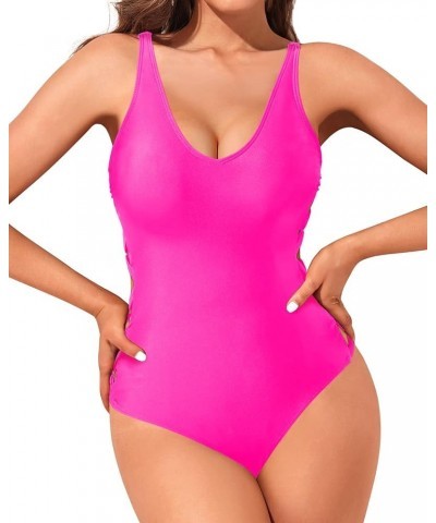 Women Sexy One Piece Swimsuits Strappy Bathing Suits Criss Cross Monokini Lace Up Swimwear Hot Pink-2 $13.94 Swimsuits