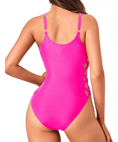 Women Sexy One Piece Swimsuits Strappy Bathing Suits Criss Cross Monokini Lace Up Swimwear Hot Pink-2 $13.94 Swimsuits