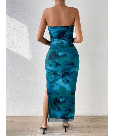 Women's Mesh Floral Ruched Bodycon Long Dress Split Strapless Tube Maxi Dresses Green $19.43 Dresses