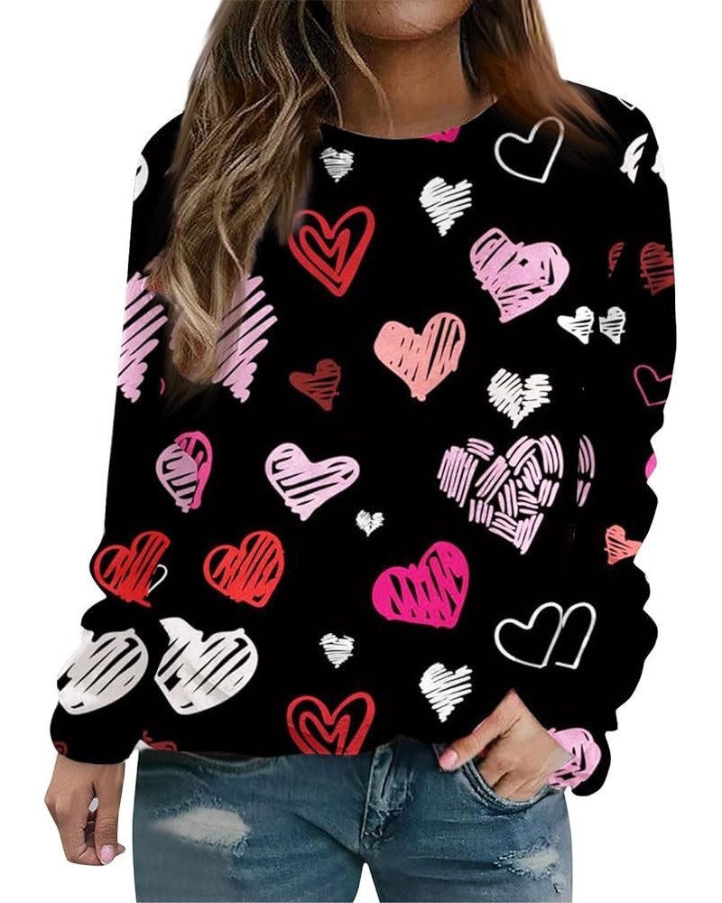 Valentine's Day Sweatshirts for Women O-Neck Blouses Love Heart Graphic Long Sleeve Shirts Casual Printed Pullover Tops 1-bla...