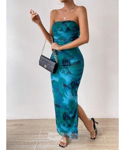 Women's Mesh Floral Ruched Bodycon Long Dress Split Strapless Tube Maxi Dresses Green $19.43 Dresses