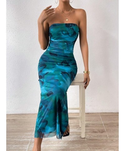 Women's Mesh Floral Ruched Bodycon Long Dress Split Strapless Tube Maxi Dresses Green $19.43 Dresses