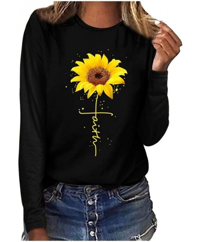 Long Sleeve Graphic T Shirt Plus Size Sunflower Print Cute Funny Graphic Tees Casual Cotton Tee Tunic Tops Black $9.89 T-Shirts