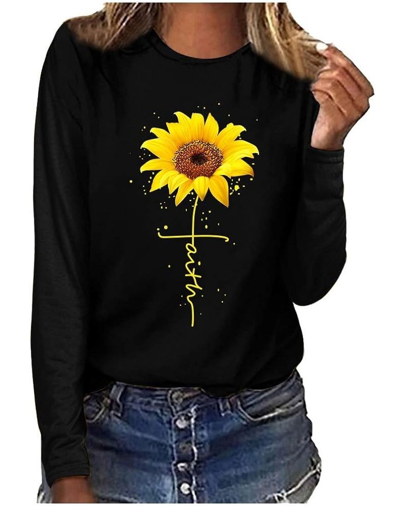 Long Sleeve Graphic T Shirt Plus Size Sunflower Print Cute Funny Graphic Tees Casual Cotton Tee Tunic Tops Black $9.89 T-Shirts