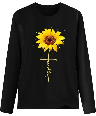 Long Sleeve Graphic T Shirt Plus Size Sunflower Print Cute Funny Graphic Tees Casual Cotton Tee Tunic Tops Black $9.89 T-Shirts