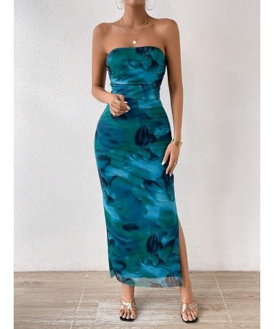 Women's Mesh Floral Ruched Bodycon Long Dress Split Strapless Tube Maxi Dresses Green $19.43 Dresses