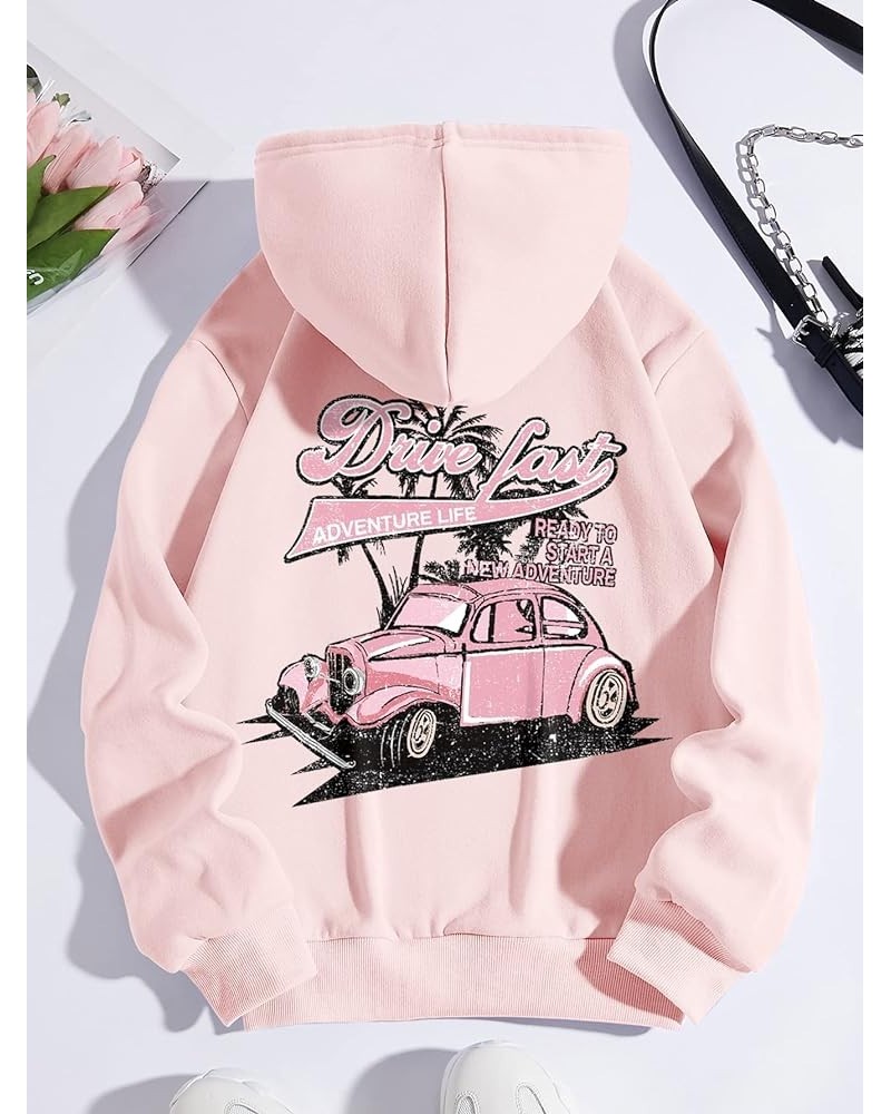 Sweatshirts for Women - Car & Letter Graphic Drawstring Thermal Lined Hoodie (Color : Baby Pink, Size : Large) X-Small Baby P...