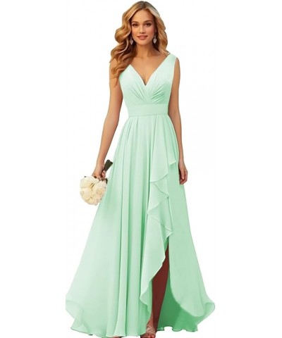 V Neck Chiffon Bridesmaid Dresses with Slit Ruffle Pleated Formal Prom Party Dress Mint Green $34.44 Dresses