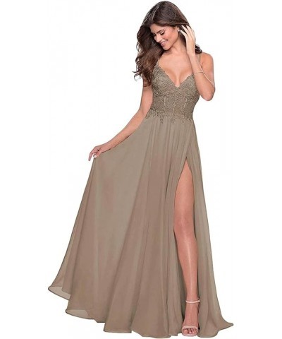 Women's Lace Appliques Prom Dresses Long V Neck Slit Evening Dress Spaghetti Straps Lace Formal Party Gown Taupe $31.50 Dresses