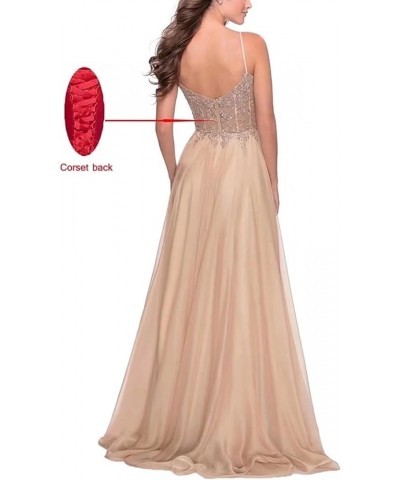 Women's Lace Appliques Prom Dresses Long V Neck Slit Evening Dress Spaghetti Straps Lace Formal Party Gown Taupe $31.50 Dresses