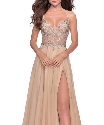 Women's Lace Appliques Prom Dresses Long V Neck Slit Evening Dress Spaghetti Straps Lace Formal Party Gown Taupe $31.50 Dresses