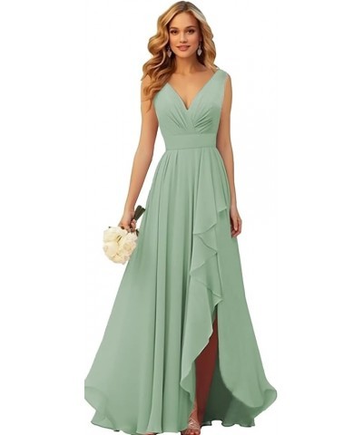 V Neck Chiffon Bridesmaid Dresses with Slit Ruffle Pleated Formal Prom Party Dress Mint Green $34.44 Dresses