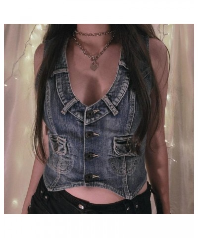 Women Waistcoat Vest Dressy Crop Corset Bustier Deep V-neck Button Closure Retro Vintage Sleeveless Denim Vest E-blue $11.39 ...