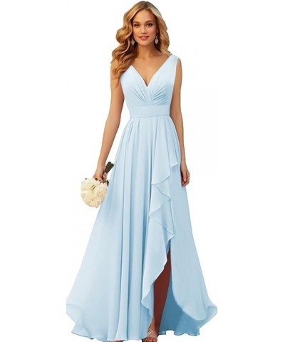 V Neck Chiffon Bridesmaid Dresses with Slit Ruffle Pleated Formal Prom Party Dress Mint Green $34.44 Dresses