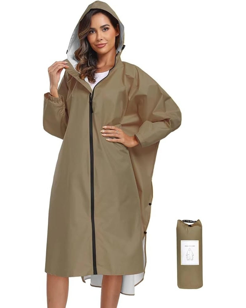 Waterproof Rain Poncho Jacket with Hood and Pockets for Adults - Portable with Pockets Long Sleeves Khaki $15.40 Coats