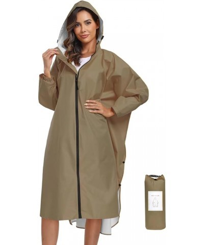 Waterproof Rain Poncho Jacket with Hood and Pockets for Adults - Portable with Pockets Long Sleeves Khaki $15.40 Coats