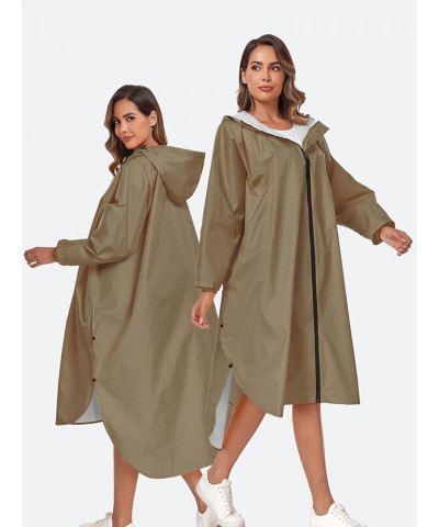 Waterproof Rain Poncho Jacket with Hood and Pockets for Adults - Portable with Pockets Long Sleeves Khaki $15.40 Coats