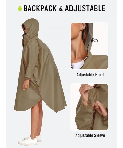 Waterproof Rain Poncho Jacket with Hood and Pockets for Adults - Portable with Pockets Long Sleeves Khaki $15.40 Coats