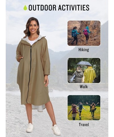 Waterproof Rain Poncho Jacket with Hood and Pockets for Adults - Portable with Pockets Long Sleeves Khaki $15.40 Coats