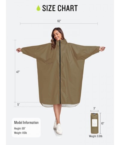 Waterproof Rain Poncho Jacket with Hood and Pockets for Adults - Portable with Pockets Long Sleeves Khaki $15.40 Coats