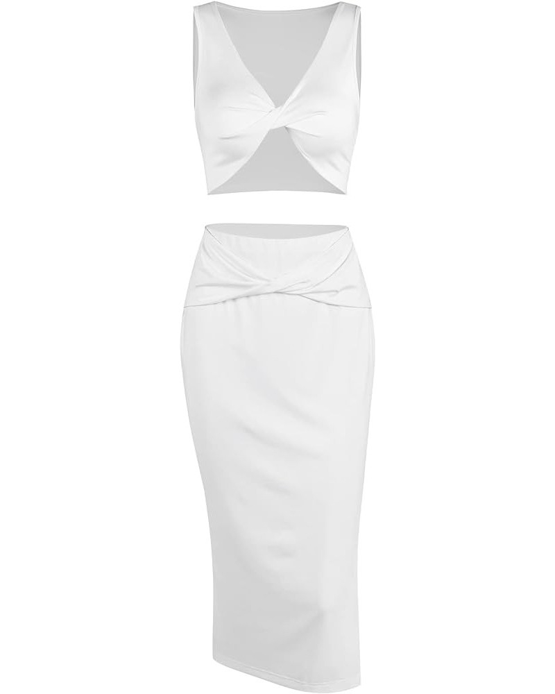 Women’s 2 Pieces Skirt with Crop Tank, High-Slit Twist Skirt Set Bodycon Dress for Party Club Nightout Cocktail 3-white $18.0...