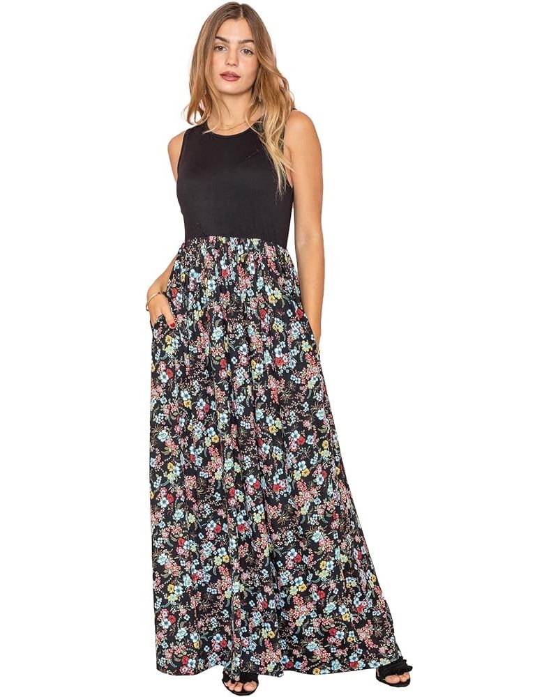 EGS by Eloges Women's Romantic Contrast Vintage Sleeveless Maxi Boho Long Dress | Floral, Paisley | S to 3X(Reg, Plus) Black/...