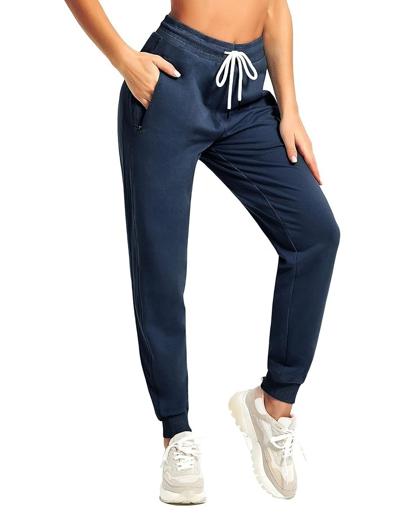 Women Workout Sweatpants Cotton Jogger Ribber Splicing Lounge Sweat Pants with Zipper Pocket Navy Blue $16.10 Activewear