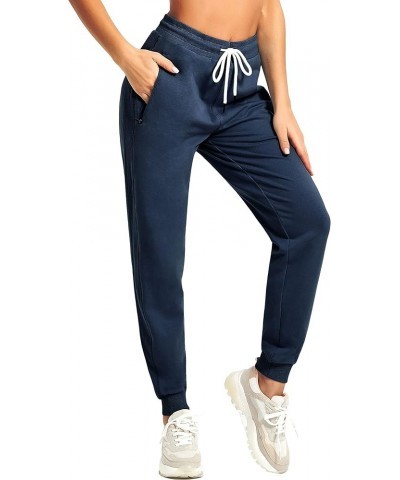 Women Workout Sweatpants Cotton Jogger Ribber Splicing Lounge Sweat Pants with Zipper Pocket Navy Blue $16.10 Activewear