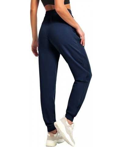 Women Workout Sweatpants Cotton Jogger Ribber Splicing Lounge Sweat Pants with Zipper Pocket Navy Blue $16.10 Activewear