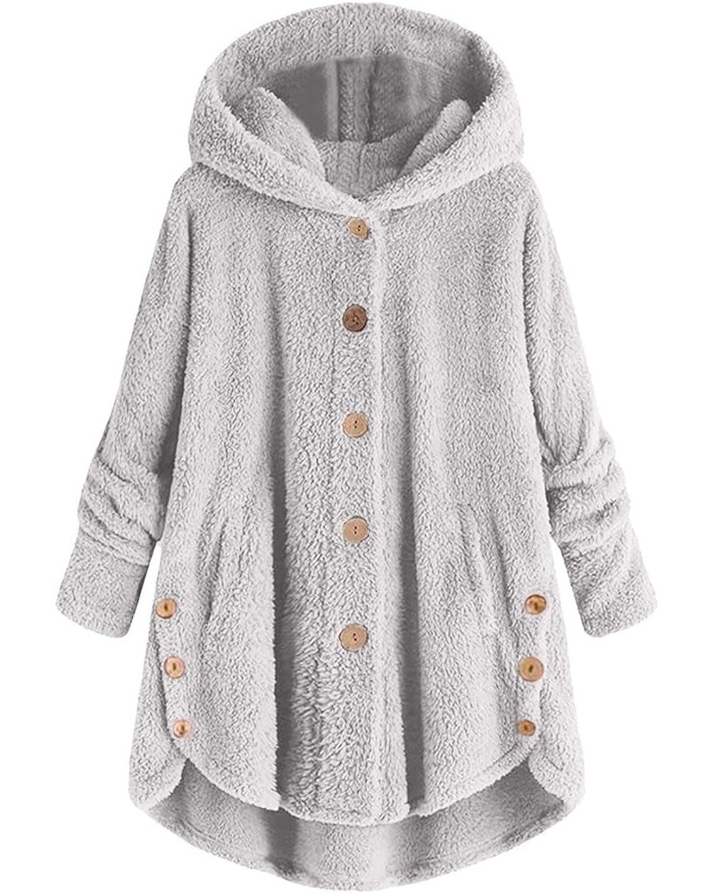 Fleece Jackets for Women Plus Size Button Plush Tops Hooded Patchwork Loose Cardigan Wool Coat Winter Jacket Outwear Grey $13...