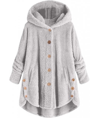 Fleece Jackets for Women Plus Size Button Plush Tops Hooded Patchwork Loose Cardigan Wool Coat Winter Jacket Outwear Grey $13...