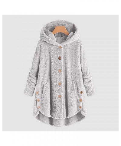 Fleece Jackets for Women Plus Size Button Plush Tops Hooded Patchwork Loose Cardigan Wool Coat Winter Jacket Outwear Grey $13...