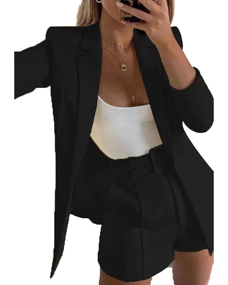 Women 2 Piece Outfits Long Sleeve Blazer & Short Suits Casual Tops & Bottoms Set 00 Black $19.80 Suits