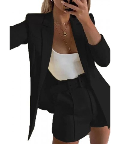 Women 2 Piece Outfits Long Sleeve Blazer & Short Suits Casual Tops & Bottoms Set 00 Black $19.80 Suits