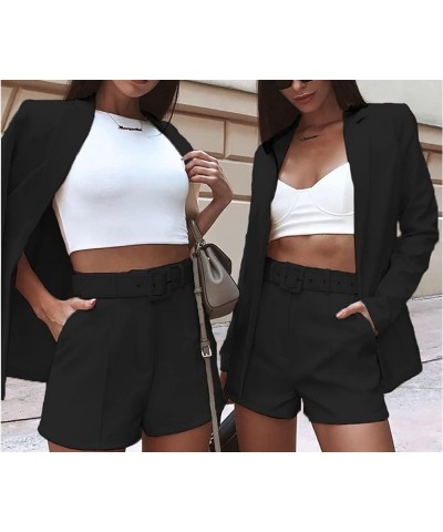 Women 2 Piece Outfits Long Sleeve Blazer & Short Suits Casual Tops & Bottoms Set 00 Black $19.80 Suits