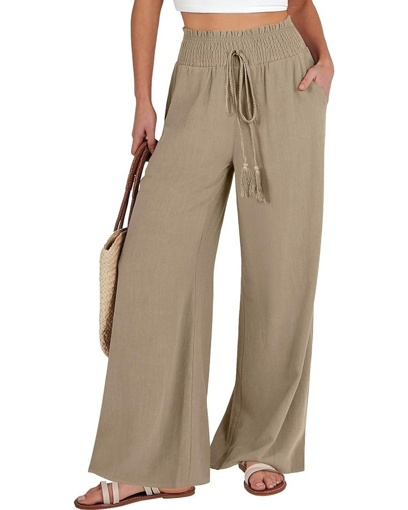 Women Linen Palazzo Pants Summer Casual Loose High Waist Wide Leg Long Lounge Pant Trousers with Pocket Light Brown $17.86 Pants