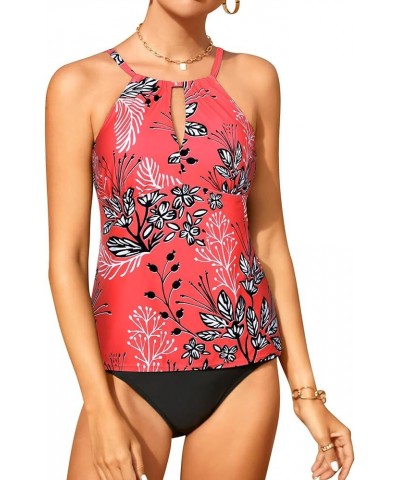 Women's Two Piece Tankini Swimsuits High Neck Bathing Suits Tummy Control Swimwear with Swim Bottom Red $17.22 Swimsuits