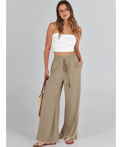 Women Linen Palazzo Pants Summer Casual Loose High Waist Wide Leg Long Lounge Pant Trousers with Pocket Light Brown $17.86 Pants