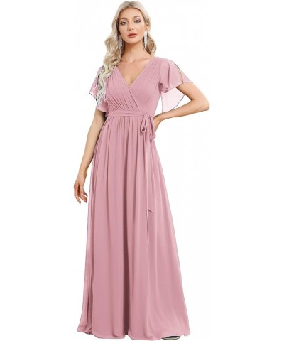 Women's Bridesmaid Dress V-Neck Ruffle Sleeves Ruched Bust Floor Length Chiffon Formal Dresses 0164A Dusty Rose $34.23 Dresses