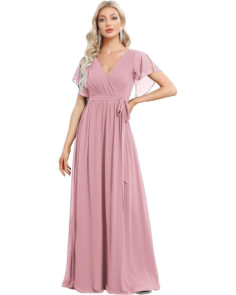 Women's Bridesmaid Dress V-Neck Ruffle Sleeves Ruched Bust Floor Length Chiffon Formal Dresses 0164A Dusty Rose $34.23 Dresses