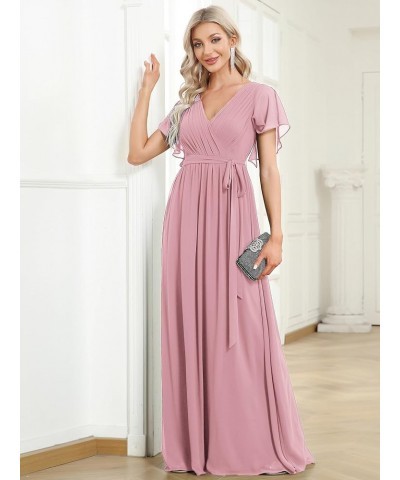 Women's Bridesmaid Dress V-Neck Ruffle Sleeves Ruched Bust Floor Length Chiffon Formal Dresses 0164A Dusty Rose $34.23 Dresses