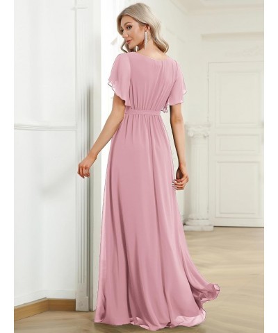 Women's Bridesmaid Dress V-Neck Ruffle Sleeves Ruched Bust Floor Length Chiffon Formal Dresses 0164A Dusty Rose $34.23 Dresses