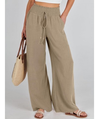 Women Linen Palazzo Pants Summer Casual Loose High Waist Wide Leg Long Lounge Pant Trousers with Pocket Light Brown $17.86 Pants