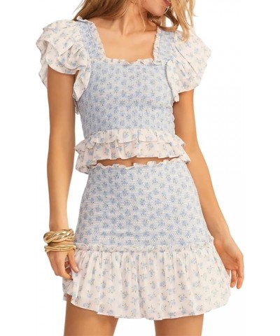 Women's Summer Two Piece Outfits Cute Floral Short Sleeve Smocked Stretchy Crop Top and Ruffle Mini Skirt Set Whiteblue $17.1...