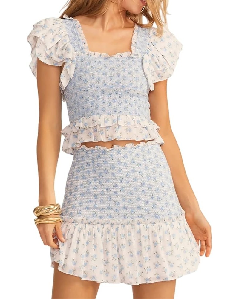 Women's Summer Two Piece Outfits Cute Floral Short Sleeve Smocked Stretchy Crop Top and Ruffle Mini Skirt Set Whiteblue $17.1...