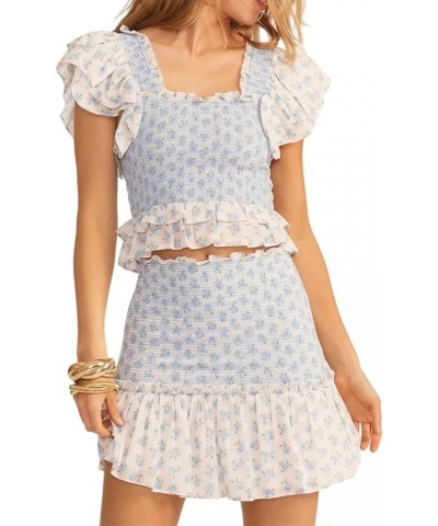 Women's Summer Two Piece Outfits Cute Floral Short Sleeve Smocked Stretchy Crop Top and Ruffle Mini Skirt Set Whiteblue $17.1...